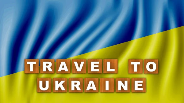 Travel Ukraine Texto Título Conceito Madeira Quadrada Bandeira Onda Fundo — Fotografia de Stock