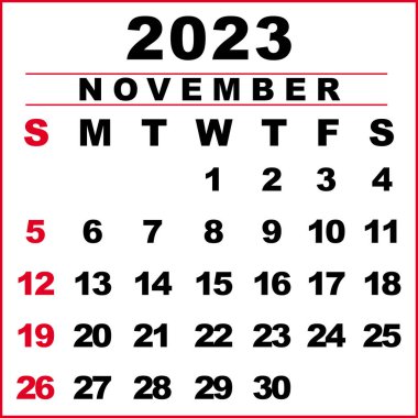 Kasım 2023 Takvim Çizimi. Hafta pazar günü başlıyor. Takvim tasarımı siyah beyaz renklerle, Pazar günü kırmızı renklerle