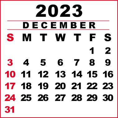 Aralık 2023 Takvim Çizimi. Hafta pazar günü başlıyor. Takvim tasarımı siyah beyaz renklerle, Pazar günü kırmızı renklerle