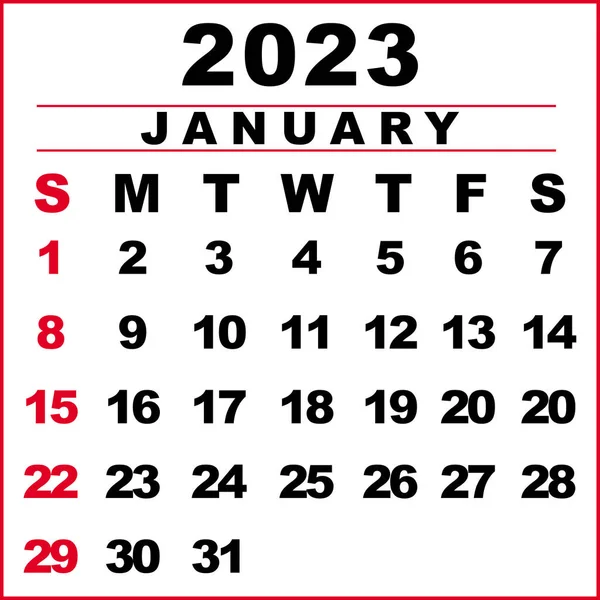 Janeiro 2023 Ilustração Calendário Semana Começa Domingo Projeto Calendário Cores — Fotografia de Stock