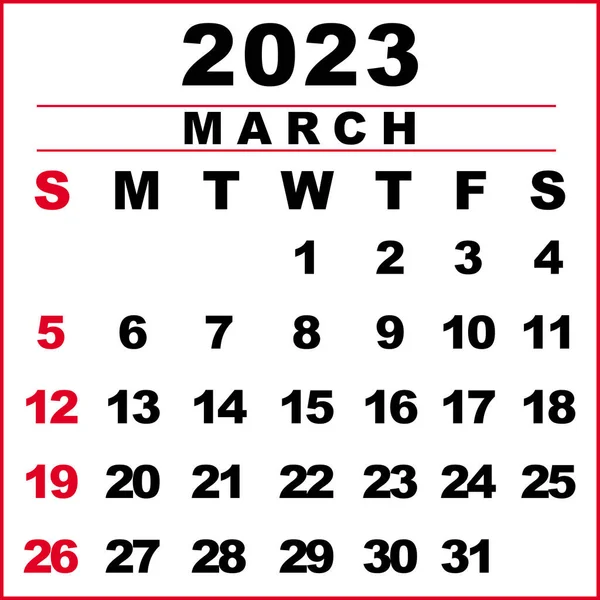 Março 2023 Ilustração Calendário Semana Começa Domingo Projeto Calendário Cores — Fotografia de Stock