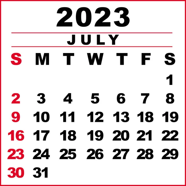 Julho 2023 Ilustração Calendário Semana Começa Domingo Projeto Calendário Cores — Fotografia de Stock