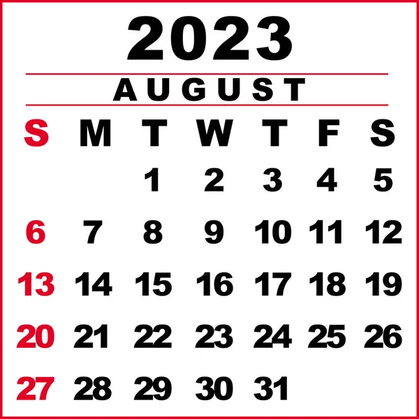 Agosto 2023 Ilustração Calendário Semana Começa Domingo Projeto Calendário Cores — Fotografia de Stock