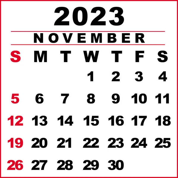 Listopad 2023 Ilustracja Kalendarza Tydzień Zaczyna Się Niedzielę Projekt Kalendarza — Zdjęcie stockowe