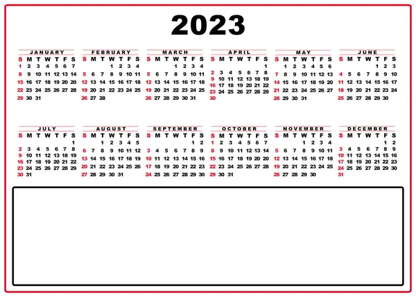 2023 50X70 Naptár Nyomtatásra Kész Piros Keret Fekete Fehér Számok — Stock Fotó