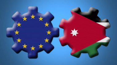 Ürdün ve Avrupa Birliği Çarkıfelek Vites Bayrakları 3D Görüntü