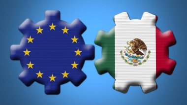 Meksika ve Avrupa Birliği Çarkıfelek Dişli Bayrakları 3D Görüntü