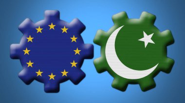 Pakistan ve Avrupa Birliği Çarkıfelek Dişli Bayrakları 3D Görüntü