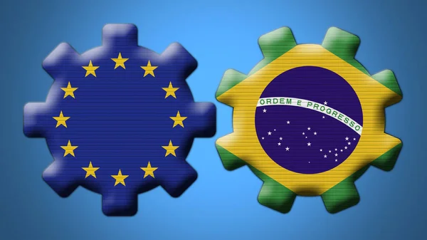 巴西和欧洲联盟轮齿标志3D说明 — 图库照片