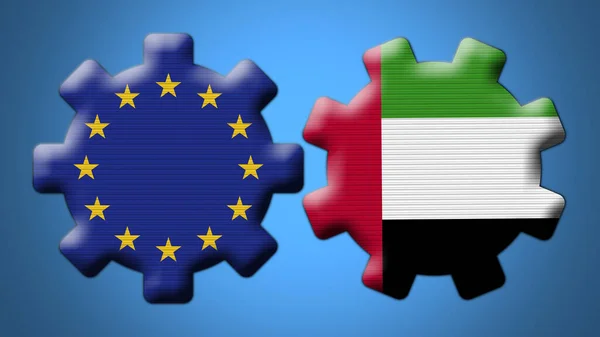 阿拉伯联合酋长国和欧洲联盟轮齿旗3D画图 — 图库照片