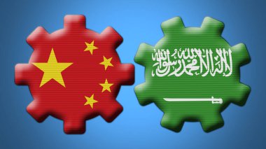 Suudi Arabistan ve Çin Çarkıfelek Vites Bayrakları 3D Görüntü