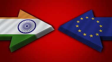 Avrupa Birliği Hindistan 'a Karşı Hint Arrow Bayrakları 3D İllüstrasyon