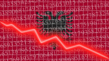 Arnavutluk bayrağı ve ekonomik ve finansman büyüme çizelgesi raporu - kırmızı neon zigzag çizgisi aşağı 3D İllüstrasyonlar