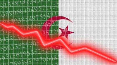 Cezayir bayrağı ve ekonomik ve mali büyüme süreci raporu - kırmızı neon zigzag çizgisi aşağı 3D İllüstrasyonlar