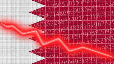 Bahreyn bayrağı ve ekonomik ve finansal büyüme şeması raporu - kırmızı neon zigzag çizgisi aşağı 3D İllüstrasyonlar