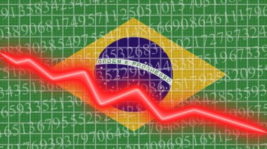 Brezilya bayrağı ve ekonomik ve finansal büyüme grafiği - kırmızı neon zigzag çizgisi aşağı 3D İllüstrasyonlar