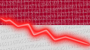 Endonezya bayrağı ve ekonomik ve mali büyüme çizelgesi - kırmızı neon zigzag çizgisi aşağı 3D İllüstrasyonlar