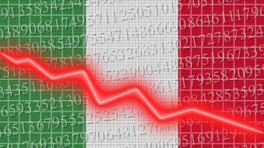 İtalya bayrağı ve ekonomik ve finansman büyüme şeması - kırmızı neon zigzag çizgisi aşağı 3D İllüstrasyonlar