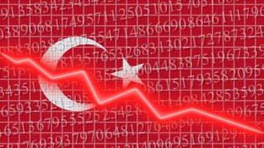 Türkiye bayrağı ve ekonomik ve finansman büyüme çizelgesi raporu - kırmızı neon zigzag çizgisi aşağı 3D İllüstrasyonlar