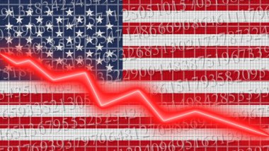 Amerika Birleşik Devletleri bayrağı ve ekonomik ve finansman büyüme çizelgesi - kırmızı neon zigzag çizgisi aşağı 3D Illustrations