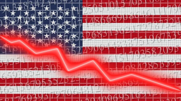 Amerika Birleşik Devletleri bayrağı ve ekonomik ve finansman büyüme çizelgesi - kırmızı neon zigzag çizgisi aşağı 3D Illustrations