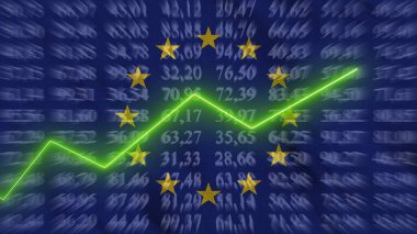 European Union financial growth, Economic growth, Up arrow in the chart against the background flag, 3D rendering, Illustration
