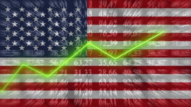Amerika Birleşik Devletleri Finansal Büyüme, Ekonomik Büyüme, Arkaplan bayrağına karşı okta yükselme, 3D görüntüleme,