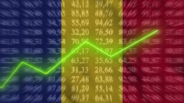 Romania financial growth, Economic growth, Up arrow in the chart against the background flag, 3D rendering, Illustration