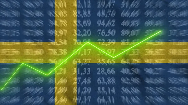 Sweden financial growth, Economic growth, Up arrow in the chart against the background flag, 3D rendering, Illustration