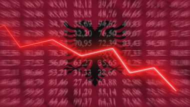 Arnavutluk 'ta mali düşüş, Ekonomik Düşüşler, Arkaplan bayrağı, 3D görüntüleme, İllüstrasyon