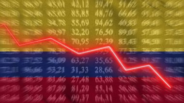 Kolombiya 'da finansal düşüş, ekonomik düşüş, arkaplan bayrağına karşı ok yükselmesi, 3D görüntüleme, illüstrasyon