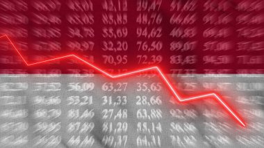 Endonezya 'daki finansal düşüş, ekonomik düşüş, arkaplan bayrağına karşı okta yükselme, 3D görüntüleme, illüstrasyon