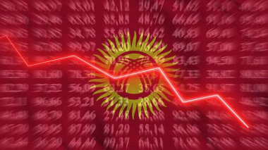 Kırgızistan 'daki finansal düşüş, ekonomik düşüş, arkaplan bayrağına karşı okta yükselme, üç boyutlu çizim, illüstrasyon