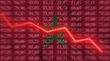 Fas 'taki finansal düşüş, ekonomik düşüş, arkaplan bayrağına karşı sıralı ok, üç boyutlu çizim, illüstrasyon.