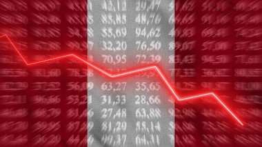 Peru 'daki finansal düşüş, ekonomik düşüş, arkaplan bayrağına karşı yükselen ok, 3D görüntüleme, illüstrasyon