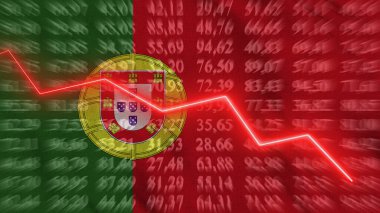 Portekiz 'de finansal düşüş, Ekonomik düşüş, Arkaplan bayrağına karşı yukarı ok, 3D görüntüleme, illüstrasyon