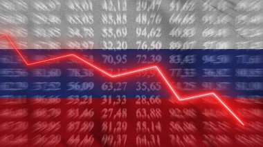 Rusya 'da finansal düşüş, Ekonomik düşüş, Arkaplan bayrağına karşı yükselen ok, 3D görüntüleme,