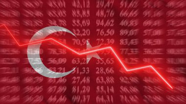 Türkiye 'de mali düşüş, Ekonomik Düşüşler, Arkaplan bayrağına karşı yükselen ok, 3D görüntüleme, illüstrasyon
