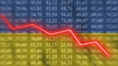 Ukrayna 'daki finansal düşüş, ekonomik düşüş, arkaplan bayrağına karşı okta yükselme, 3D görüntüleme, illüstrasyon