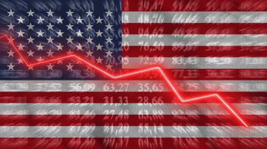 Amerika Birleşik Devletleri Finansal Azalma, Ekonomik Azalma, Arkaplan Bayrağına karşı Oku, 3D Görüntü