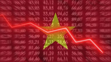 Vietnam 'da finansal düşüş, Ekonomik düşüş, Arkaplan bayrağına karşı yükselen ok, 3D görüntüleme,
