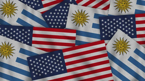 Ουρουγουάη Και Ηνωμένες Πολιτείες Της Αμερικής Ρεαλιστικές Σημαίες Υφής Μαζί — Φωτογραφία Αρχείου