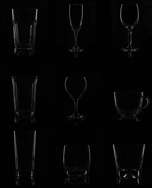 Conjunto Vasos Vidrio Tazas Sobre Fondo Negro — Foto de Stock