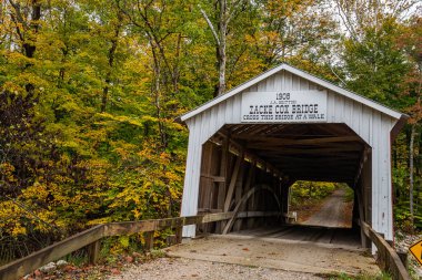 Zacke Cox Kapalı Köprüsü, Rock Run Creek 'i sonbahar yapraklarının renk değişimi sırasında Park County, Indiana yakınlarındaki Rockville yakınlarında geçer..