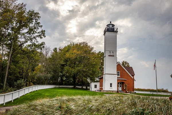 The Presque Isle Lighthouse signals the shoreline of Presque Isle State Park on Lake Erie at Erie, Pennsylvania.