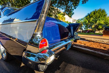 Fernandina Beach, FL - October 18, 2014: Wide angle low perspective rear corner view of a 1957 Chevrolet BelAir coupe at a classic car show in Fernandina Beach, Florida.