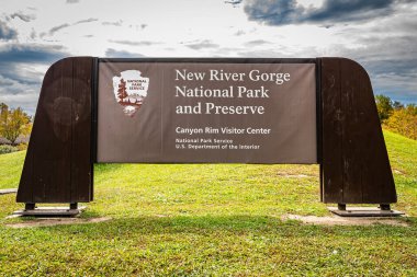 The sign at entrance to Canyon Rim Visitor Center at New River Gorge National Park and Preserve near Fayetteville, West Virginia.