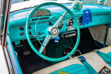 Lebanon,TN - May 14, 2022: Close up detailed interior view of a 1955 Ford Fairlane Crown Victoria Skyliner Hardtop Sedan at a local car show.