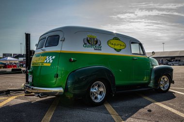 Lebanon, TN - May 13, 2022: Wide angle low perspective rear corner view of a  1949 GMC 100 Panel Truck at a local car show.