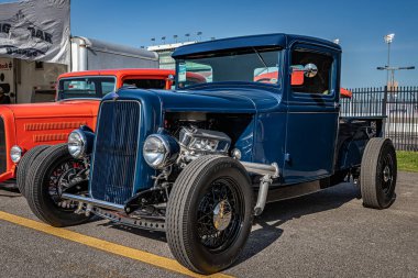 Lebanon, TN - May 13, 2022: Low perspective front corner view of a 1934 Ford Model BB Pickup Truck at a local car show.